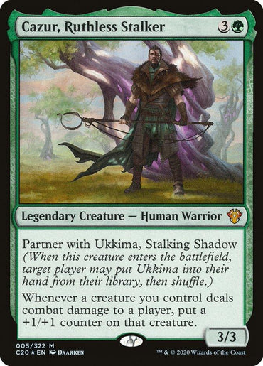 The Magic: The Gathering card "Cazur, Ruthless Stalker" from Commander 2020 features a legendary human warrior under a tree, armed with a spear and net. It has a green border and partners with Ukkima, Stalking Shadow, offering abilities for dealing combat damage.