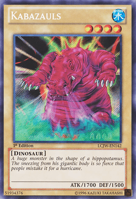 A Yu-Gi-Oh! Kabazauls [LCJW-EN142] Secret Rare card from Legendary Collection 4: Joey's World features a large, pink dinosaur-like monster resembling a hippopotamus. It emits green and yellow light rays from its back. This Secret Rare card is labeled as 1st Edition with an attack power of 1700 and defense power of 1500.