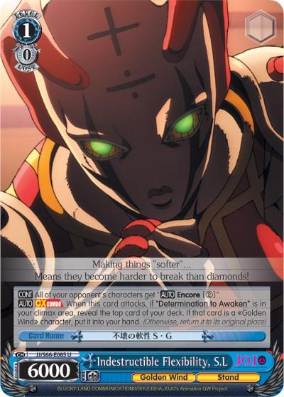 An anime card from the trading card game "JoJo's Bizarre Adventure: Golden Wind" featuring an armored character in a dramatic pose. The card is named Indestructible Flexibility, S.L (JJ/S66-E085 U) [JoJo's Bizarre Adventure: Golden Wind] and shows the character with piercing blue eyes. Various attributes, stats, and descriptions are listed at the bottom. The product is by Bushiroad.