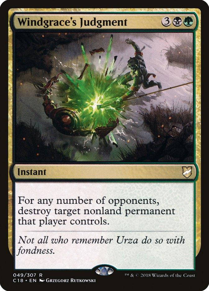 The image is a Windgrace's Judgment [Commander 2018] Magic: The Gathering card. It depicts a figure being hit by a magical green explosion with lightning-like effects. As a rare instant, its text reads: 