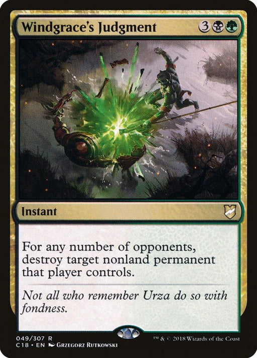 The image is a Windgrace's Judgment [Commander 2018] Magic: The Gathering card. It depicts a figure being hit by a magical green explosion with lightning-like effects. As a rare instant, its text reads: "For any number of opponents, destroy target nonland permanent that player controls." The card has a green border.