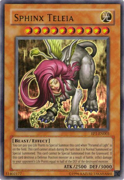 A Yu-Gi-Oh! trading card of Sphinx Teleia [EP1-EN003] Ultra Rare. The Ultra Rare card depicts a creature with a lion's body, green wings, a human-like face with red hair, and a scorpion tail. It has 2500 Attack and 3000 Defense points. It's an Effect Monster with various summoning and battle effects (Card number: EP1).