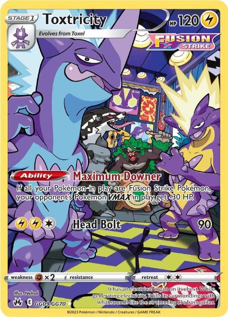 A Pokémon card depicting Toxtricity (GG09/GG70) from the Sword & Shield: Crown Zenith set. With 120 HP, this bipedal purple Pokémon is illustrated alongside another Toxtricity against a vibrant background. Its lightning abilities, 