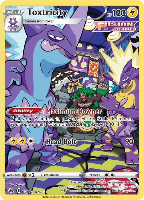 A Pokémon card depicting Toxtricity (GG09/GG70) from the Sword & Shield: Crown Zenith set. With 120 HP, this bipedal purple Pokémon is illustrated alongside another Toxtricity against a vibrant background. Its lightning abilities, "Maximum Downer" and "Head Bolt," deal 90 damage, making it a powerful addition to your Sword & Shield collection.