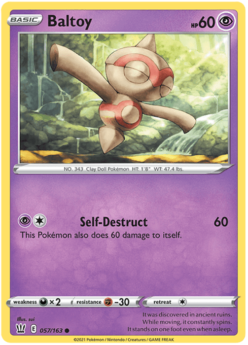 A Pokémon trading card for Baltoy (057/163) [Sword & Shield: Battle Styles] from the Pokémon set. The card features an illustration of Baltoy, a clay doll Pokémon, with a background of ancient ruins. Baltoy is depicted balancing on one foot. The card shows 60 HP, the Psychic-type move "Self-Destruct" which does 60 damage, and details about its resistance and retreat cost.