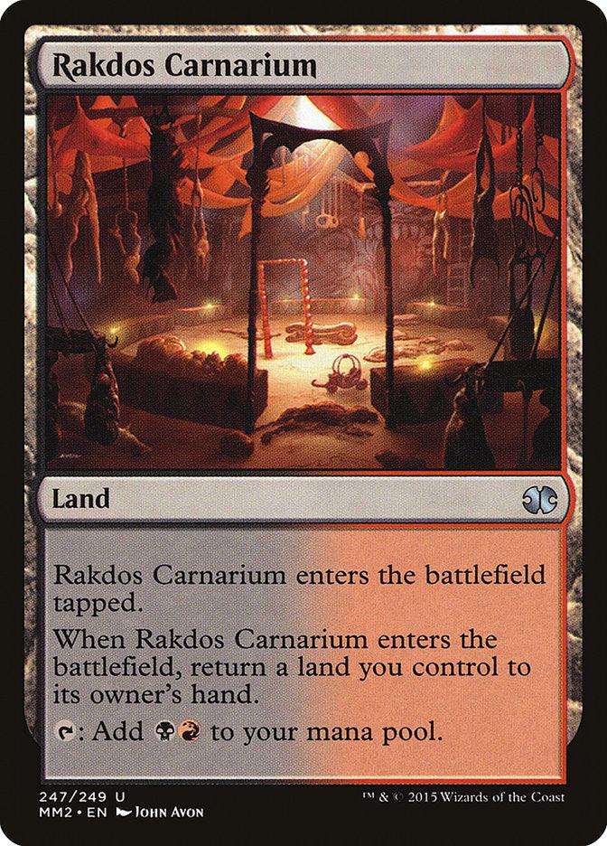 A Magic: The Gathering card titled "Rakdos Carnarium [Modern Masters 2015]" features a dark, eerie carnival scene with tents and ominous lighting. It is a land card that reads: "Rakdos Carnarium enters the battlefield tapped. When Rakdos Carnarium enters the battlefield, return a land you control to its owner's hand. {T}: Add {B}{R}.