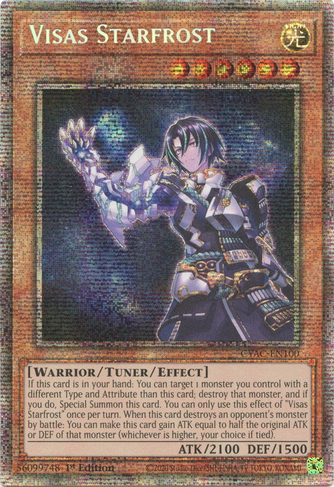 The image shows a card from the Yu-Gi-Oh! Trading Card Game. The card is called "Visas Starfrost [CYAC-EN100] Starlight Rare," a 1st Edition Tuner/Effect Monster from the Cyberstorm Access set. It has 2100 ATK and 1500 DEF and features an armored warrior with dark hair, holding a shining, frost-like energy in his hand.