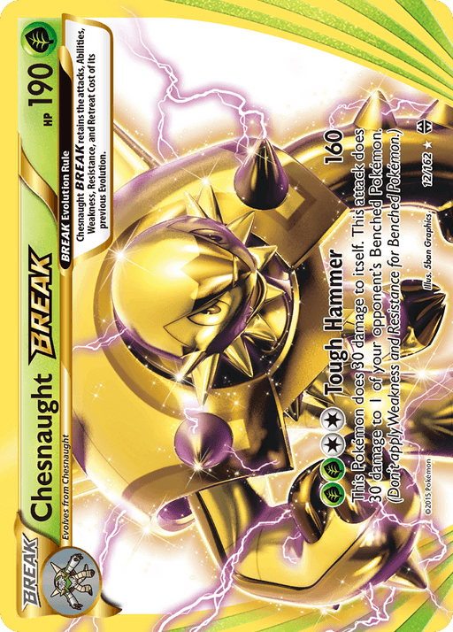 A Pokémon Trading Card featuring Chesnaught BREAK (12/162) [XY: BREAKthrough], an Ultra Rare from the Pokémon series. The card displays a golden-colored armored Grass-type Pokémon in mid-attack, set against a vibrant background of yellow and green hues with white sparkles. It has 190 HP with attacks named "Tough Hammer." Various stats and card details are present on the sides.
