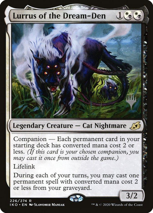 A Magic: The Gathering card named "Lurrus of the Dream-Den (Promo Pack) [Ikoria: Lair of Behemoths Promos]" from Ikoria: Lair of Behemoths. This Legendary Creature is a dark, spectral Cat Nightmare with glowing eyes in a mystical forest. It costs white, black, and generic mana, and has Companion, Lifelink abilities with a special casting rule. It's a 3/2 creature.