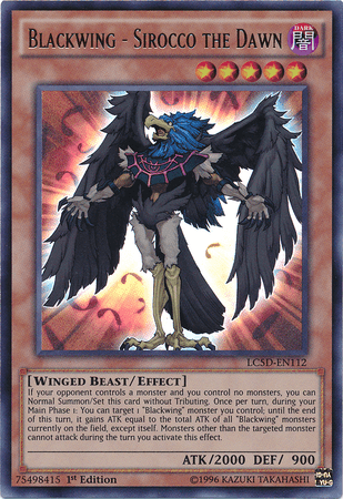 A Yu-Gi-Oh! trading card from the Legendary Collection 5D's, specifically Blackwing - Sirocco the Dawn [LC5D-EN112] Ultra Rare. This Effect Monster features a black, blue, and purple-feathered winged beast with human-like characteristics, standing powerfully with outstretched wings. It boasts an ATK of 2000 and a DEF of 900.