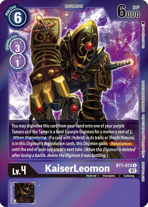 The KaiserLeomon [BT7-073] (Event Pack 3) [Next Adventure Promos] Digimon card displays a mechanized lion with armor and glowing yellow eyes. This Hybrid Promo card is Lv. 4 with a play cost of 6, 6000 DP, and various abilities written in the description box. The background is purple with lightning effects, and the card has numerous stats and details on it.