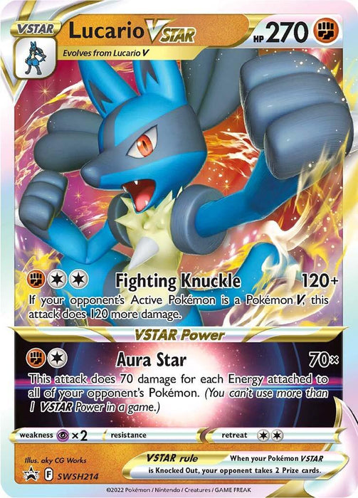A Pokémon card featuring Lucario VSTAR (SWSH214) [Sword & Shield: Black Star Promos] from the Pokémon series. Lucario, a bipedal canine Pokémon with blue and black fur, is depicted in a dynamic fighting pose. The Black Star Promos card shows its HP (270), moves (Fighting Knuckle and Aura Star), abilities, energy requirements, and weaknesses. The card has a starry background.