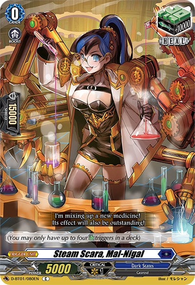 The card "Steam Scara, Mal-Nigal (D-BT01/080EN)" from the Genesis of the Five Greats series by Bushiroad depicts a blue-haired scientist in a white lab coat, holding beakers amidst colorful chemicals. It is a Grade 0 Heal Trigger Unit with a power of 5000 and a shield value of 10000, representing Dark States.