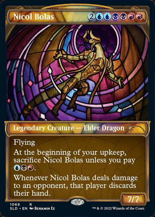 A Magic: The Gathering card named "Nicol Bolas (Showcase Textured) [Secret Lair Drop Series]" from the Secret Lair Drop Series. It depicts a bronze, dragon-like creature against a stained glass background. The card costs 2 blue, 2 black, and 2 red mana and is a Legendary Creature with Flying. Its power and toughness are 7/7 with additional abilities in its text box.