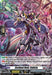 A futuristic, armored figure carrying a sword and shield stands ready for battle. This character, Cardinal Noid, Cubisia (D-BT01/H21EN) from the Genesis of the Five Greats series by Bushiroad, boasts a sleek design with metallic purple, white, and black elements. Holographic screens display text descriptions and stats highlighting power boosts and world conditions.