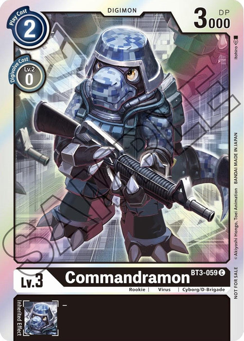 A Digimon card featuring Commandramon, a camouflaged, armored cyborg dinosaur holding a rifle. The card has a blue Play Cost of 2, a white Digivolve Cost of 0, and 3000 DP in the top right. The bottom features the Digimon's Lv.3, rarity BT3-059 C, type, and Inherited Effect: Commandramon [BT3-059] (Event Pack 1) [Release Special Booster Promos].