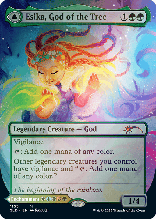 A Magic: The Gathering card titled "Esika, God of the Tree // The Prismatic Bridge (Borderless) [Secret Lair: From Cute to Brute]." The card's artwork depicts a vibrant figure with closed eyes, adorned with flowers in flowing red hair, and surrounded by a colorful, swirling aura. The text box below details Esika's mythic abilities and legendary creature type.