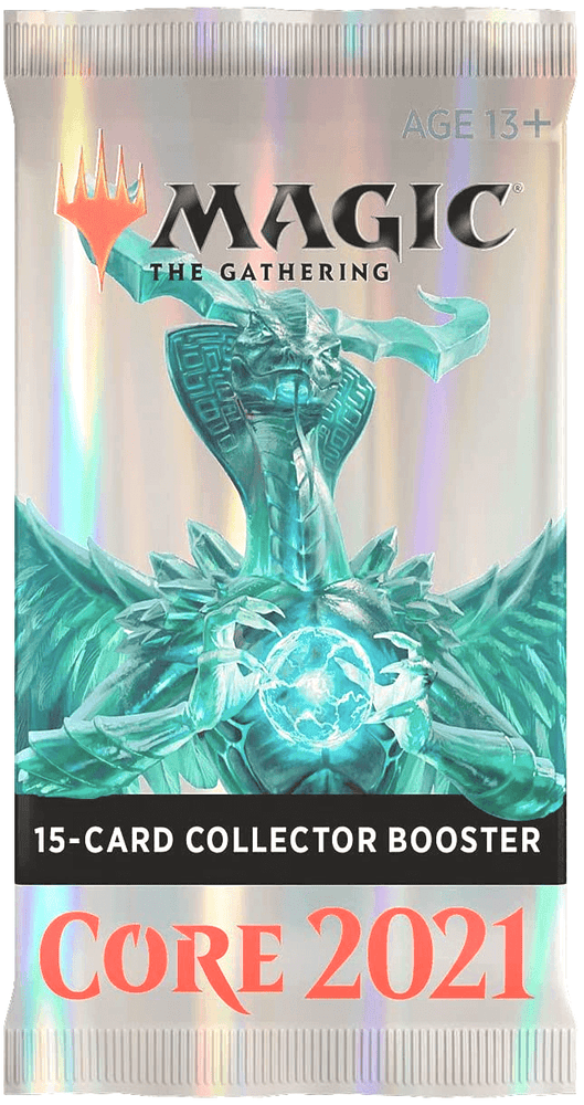 A glossy foil pack of Magic: The Gathering's Core Set 2021 - Collector Booster Pack. The packaging showcases a celestial figure with wings amidst detailed patterns, set against a holographic backdrop of high-quality foils. The package indicates it is suitable for ages 13 and up.