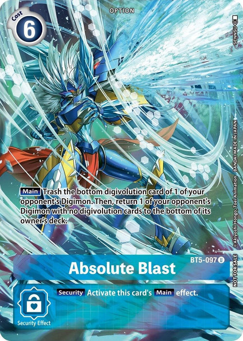 An illustrated card titled "Absolute Blast [BT5-097] (Summer 2022 Dash Pack)" from the Digimon Battle of Omni Promos features a blue cost of 6 and showcases a dynamic image of an armored Digimon unleashing a powerful water attack. The card details include trashing a Digimon's digivolution card as its main effect and have an additional security effect.