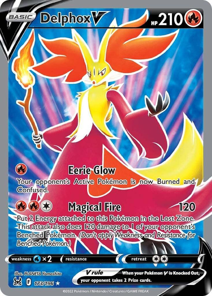 A Pokémon trading card featuring the Ultra Rare Delphox V (173/196) [Sword & Shield: Lost Origin] from the Pokémon brand. Delphox is shown as a fox-like creature with red and yellow fur, large ears, and a flame-tipped staff. The card has 210 HP and features two moves: "Eerie Glow" and "Magical Fire." The background is blue with flames. This is card 17/196