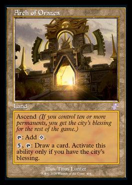 The Magic: The Gathering card "Arch of Orazca (Timeshifted) [Time Spiral Remastered]" features a golden archway illustrated by Titus Lunter. As a Land, it has the ability "Ascend" and can add one colorless mana. With the city's blessing, spend 5 generic mana and tap it to draw a card. This card is reminiscent of Time Spiral Remastered treasures.