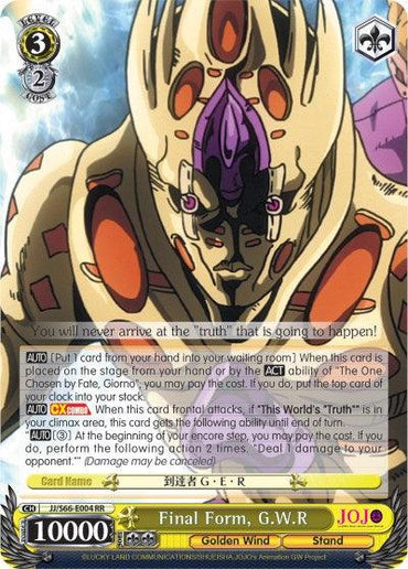 A Final Form, G.W.R (JJ/S66-E004 RR) [JoJo's Bizarre Adventure: Golden Wind] trading card from the JoJo's Bizarre Adventure series featuring Bushiroad. The card showcases a humanoid figure in gold armor with black accents, detailing its powerful abilities and effects in the game, such as climax ability and high damage potential.