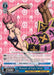 A "Pioneer of Fate, Trish (JJ/S66-E107 PR) [JoJo's Bizarre Adventure: Golden Wind]" trading card by Bushiroad featuring Trish, a character with pink hair styled in curls. She is posed with her arms raised and wearing a crop top with purple accents and patterned pants. The promo card text includes her name, abilities, and a power level of 2500 points.