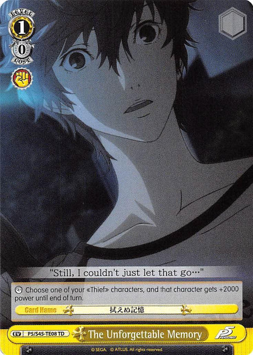 A trading card showcases an anime character with short dark hair and wide eyes, wearing a dark shirt against a dark background with glowing text on the side. The Bushiroad card, inspired by Persona 5, is titled "The Unforgettable Memory (P5/S45-TE08 TD) [Persona 5]," featuring the quote "Still, I couldn't just let that go..." in a grey box.