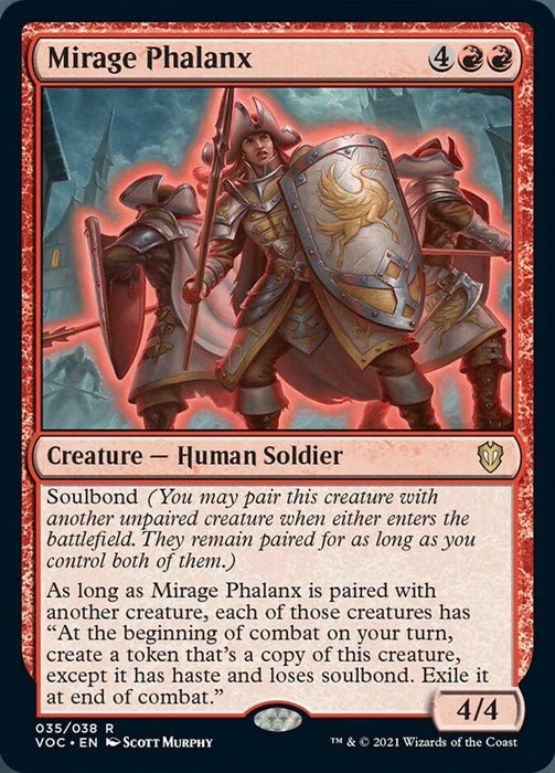 An image of a Magic: The Gathering card titled "Mirage Phalanx [Innistrad: Crimson Vow Commander]" from Magic: The Gathering. It costs four colorless and two red mana, and is a 4/4 Creature — Human Soldier. With "Soulbond," it creates token copies of a paired creature at combat. The illustration shows an armored soldier with a large shield.