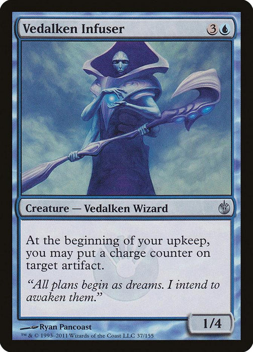 The image is a "Magic: The Gathering" card named "Vedalken Infuser [Mirrodin Besieged]." It features art depicting a blue-skinned Vedalken wizard with a glowing staff, set against a cloudy background. The card text details its ability to add a charge counter to an artifact at the beginning of upkeep. It has a power/toughness of 1/4.
