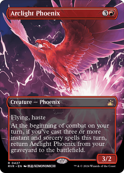 The Magic: The Gathering card titled "Arclight Phoenix (Anime Borderless) [Ravnica Remastered]" features a fiery red creature phoenix soaring against a thundercloud-filled sky. With a mana cost of 3R, it boasts attributes of Flying and Haste. Detailed in Ravnica Remastered, this 3/2 creature exemplifies its unique special ability on the battlefield.