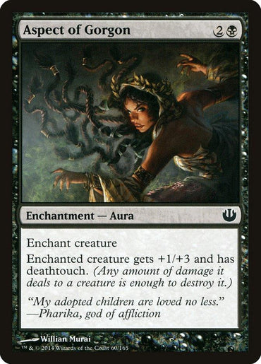 The Magic: The Gathering card "Aspect of Gorgon [Journey into Nyx]" features artwork of a woman with serpentine hair and glowing eyes set against a dark, wild backdrop. This enchantment aura grants the enchanted creature +1/+3 and deathtouch. The flavor text includes a quote from Pharika, god of affliction.