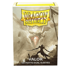 The image depicts a box of "Dragon Shield: Standard 100ct Sleeves - Valor (Dual Matte)" from Arcane Tinmen, featuring artwork of a warrior with a shield and spear facing a roaring dragon. The packaging text reads "DRAGON SHIELD" at the top and "VALOR 100-MATTE DUAL SLEEVES" at the bottom. These fully opaque Dual Matte sleeves boast a black interior against a grayscale, dynamic background.