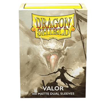 The image depicts a box of "Dragon Shield: Standard 100ct Sleeves - Valor (Dual Matte)" from Arcane Tinmen, featuring artwork of a warrior with a shield and spear facing a roaring dragon. The packaging text reads "DRAGON SHIELD" at the top and "VALOR 100-MATTE DUAL SLEEVES" at the bottom. These fully opaque Dual Matte sleeves boast a black interior against a grayscale, dynamic background.