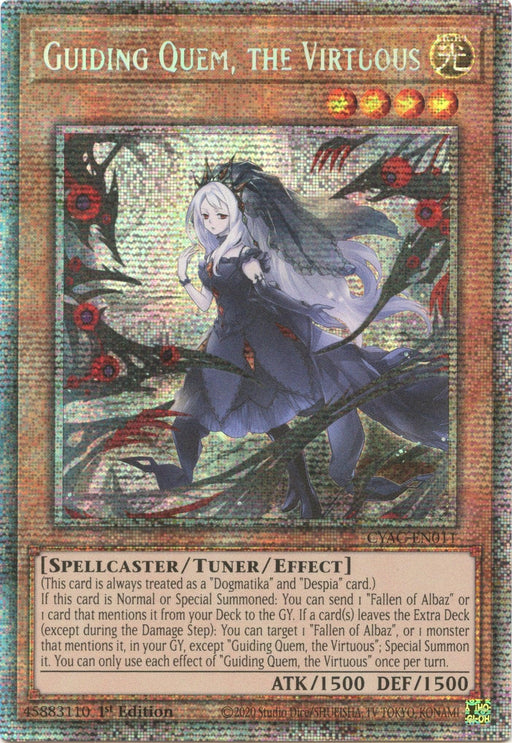 A holographic Yu-Gi-Oh! card titled "Guiding Quem, the Virtuous [CYAC-EN011] Starlight Rare." It depicts a winged, female spellcaster with white hair and dark wings, holding a staff. The card has ATK/1500 and DEF/1500. This SPELLCASTER/TUNER/EFFECT type synergizes perfectly with "Fallen of Albaz," amplifying its potency.