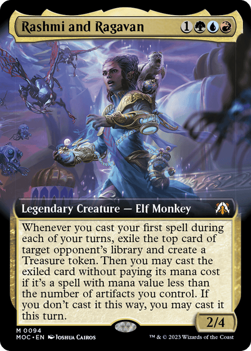 A ***Magic: The Gathering*** card titled "Rashmi and Ragavan (Extended Art) [March of the Machine Commander]" features colorful artwork of an elf and a monkey. This Legendary Creature, an Elf Monkey, costs 1 colorless, 1 green, 1 blue, and 1 red mana. It boasts a power and toughness of 2/4 and includes special ability text.