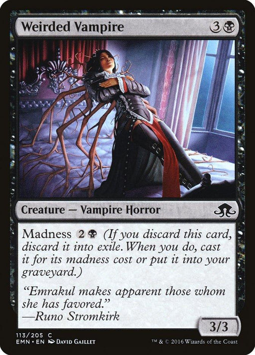 A Magic: The Gathering product named Weirded Vampire [Eldritch Moon]. This Vampire Horror features a female vampire with tangled, tentacle-like hair and a dark outfit, standing with arms spread. The cost is 3B, and it has Madness 2B, power and toughness of 3/3. It includes flavor text by Runo Stromkirk.