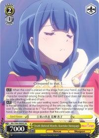 Image of a Bushiroad "Truth Behind Words, Kaoruko Hanayagi (RSL/S56-E009S SR)" character card from the anime "Revue Starlight." The card's gold and black border enhances the serene expression of Kaoruko, with closed eyes and long dark hair. This super rare card boasts an attack power of 7000 and belongs to the "Angel" and "Weapon" attributes.