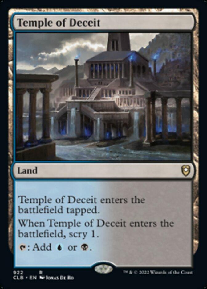 A Magic: The Gathering card named "Temple of Deceit [Commander Legends: Battle for Baldur's Gate]" is from the Commander Legends: Battle for Baldur's Gate set. This rare land features an ancient, dark temple with columns and a staircase lit by a faint blue light. It enters the battlefield tapped, allows the player to scry 1 upon entry, and can be tapped to add blue or black mana.