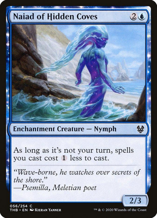 A Magic: The Gathering product titled Naiad of Hidden Coves [Theros Beyond Death]. The artwork shows a blue, ethereal nymph standing near a rocky shore with waves crashing around her. The enchantment creature - nymph has a cost of 2 blue mana and 1 generic mana, featuring abilities and flavor text.