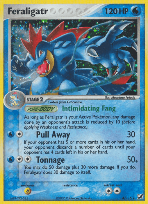 Image of a Feraligatr (4/115) [EX: Unseen Forces] Pokémon trading card from the Unseen Forces set. Feraligatr is a blue, crocodile-like creature with red spines. It has 120 HP and is a Stage 2 Water-type that evolves from Croconaw. This Holo Rare card features the moves Pull Away (30 damage) and Tonnage (50+ damage). Set detail: