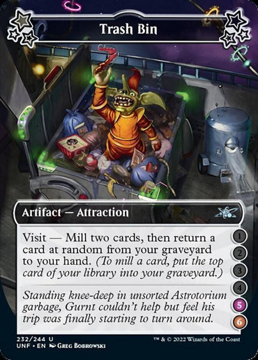 A Magic: The Gathering card titled "Trash Bin (5-6) [Unfinity]" is depicted. This Unfinity Artifact Attraction boasts various abilities and visit effects. The illustration shows an alien character rummaging through a space-themed dumpster filled with random junk. Text at the bottom describes how opponents mill two cards.