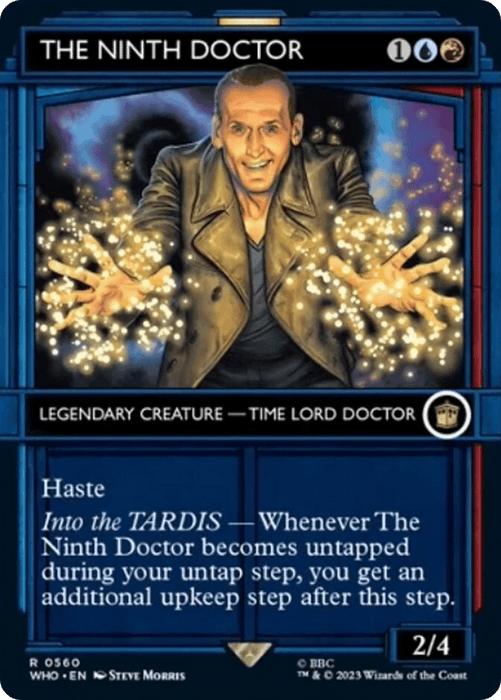A "Magic: The Gathering" card features The Ninth Doctor from Doctor Who, depicted with a leather jacket and light emanating from his hands. Named "The Ninth Doctor (Showcase) [Doctor Who]," it has abilities like Haste and Into the TARDIS, granting an additional upkeep phase, and a power/toughness of 2/4.