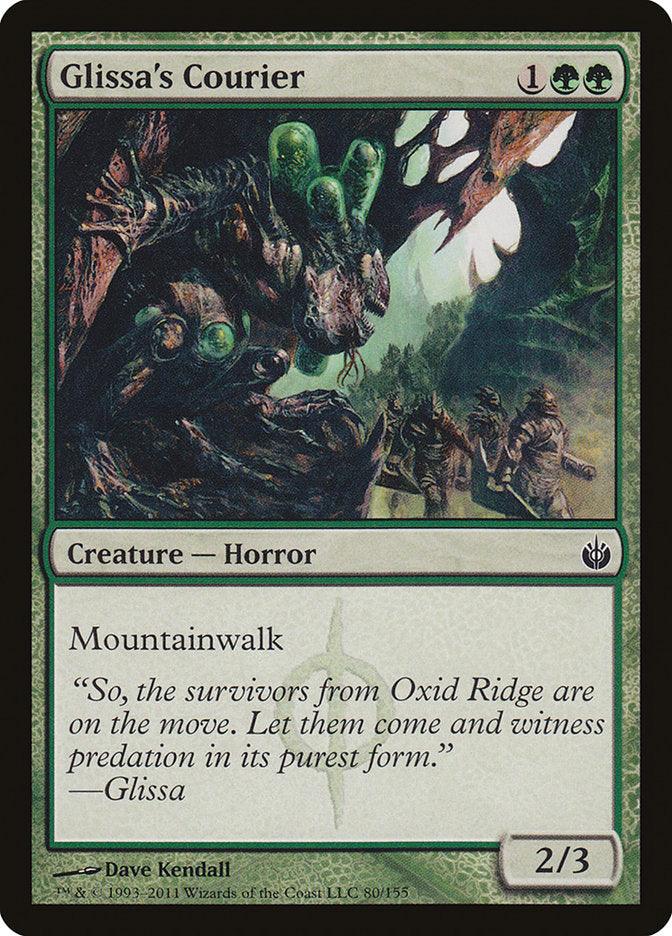 A Magic: The Gathering product titled "Glissa's Courier [Mirrodin Besieged]" from the Mirrodin Besieged set. It has a green border and depicts a Phyrexian Horror with multiple eyes and clawed tentacles. The card costs 1 green and 2 generic mana, has a power/toughness of 2/3, and boasts the ability "Mountainwalk." It contains flavor.