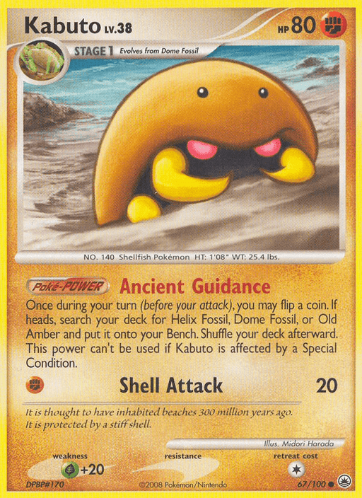 The image shows a Pokémon trading card from the Pokémon brand for Kabuto (67/100) [Diamond & Pearl: Majestic Dawn]. Kabuto is depicted as a yellow, dome-shaped creature with red eyes peeking out from beneath its shell. The card details include Kabuto's level (38), HP (80), type (Rock), and moves: Ancient Guidance (Poké-POWER) and Shell Attack. Text and game stats fill the rest of the card.