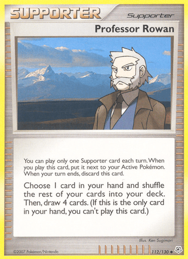 The image is a "Professor Rowan (112/130)" trading card from the Pokémon Diamond & Pearl: Base Set series. This Uncommon Supporter card, featuring Professor Rowan with mountains in the background, was released in 2007 by Pokémon/Nintendo and illustrated by Ken Sugimori. It allows you to choose and shuffle cards into your deck, then draw four cards.