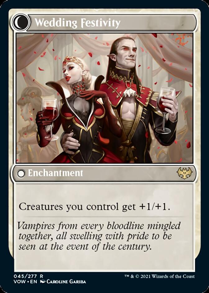 A Magic: The Gathering card titled "Wedding Announcement // Wedding Festivity [Innistrad: Crimson Vow]". This Enchantment grants "Creatures you control get +1/+1." The artwork depicts two vampires in elaborate attire, celebrating with raised glasses amidst red and gold decorations.