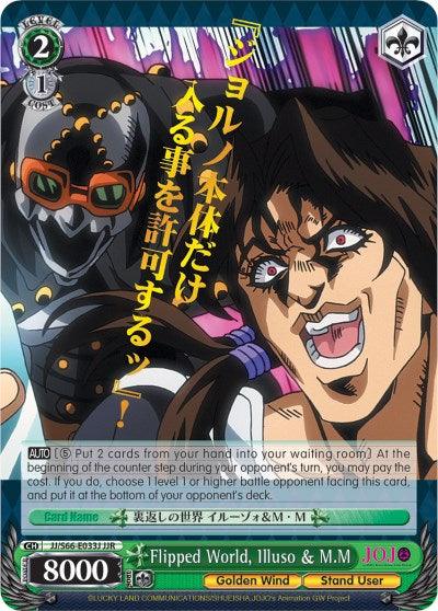 A Bushiroad Flipped World, Illuso & M.M (JJ/S66-E033J JJR) [JoJo's Bizarre Adventure: Golden Wind] trading card features an anime-style illustration from JoJo's Bizarre Adventure: Golden Wind. The character in the foreground has a determined expression with clenched teeth and furrowed brows, and behind him is a robot-like figure. Abilities are detailed on the card, accompanied by some Japanese text on the right side.