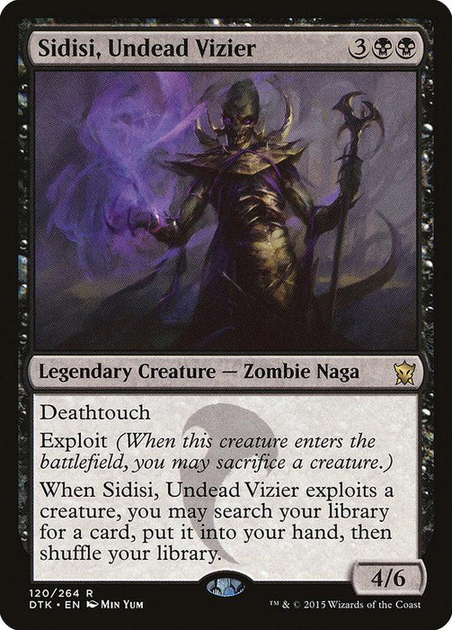 The Magic: The Gathering card titled "Sidisi, Undead Vizier [Dragons of Tarkir]" features a Legendary Creature— an ethereal Zombie Naga holding a glowing staff, shrouded in a dark aura. It boasts Deathtouch and Exploit abilities, with the Power/Toughness of 4/6. The card has a black border with mana cost, type symbols, and stats.