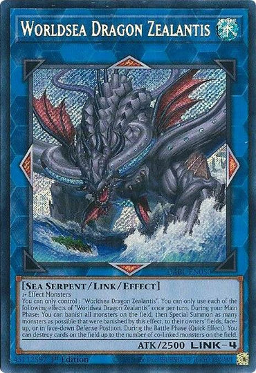 A "Yu-Gi-Oh!" trading card titled **Worldsea Dragon Zealantis [DABL-EN050] Secret Rare**. This Secret Rare features a sea serpent monster with scales, wings, and red eyes emerging from a stormy ocean. It is a Link/Effect Monster with a blue border, 2500 ATK, and "LINK-4" indicator. The card's text box describes its effects and attributes.